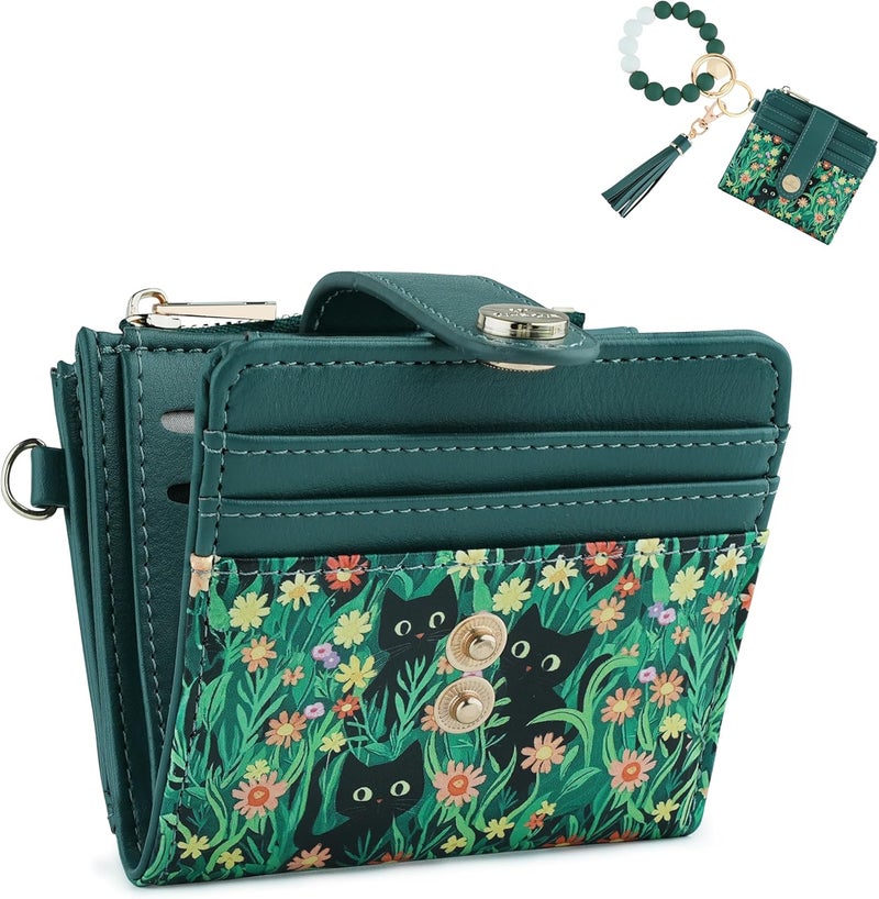 Sunpour Small Wristlet Wallets for Women Keychain Wristlet Wallet RFID Blocking Key Chain Wallet With Zipper Coin Pocket,2 Id Window (Cat) - Image 1